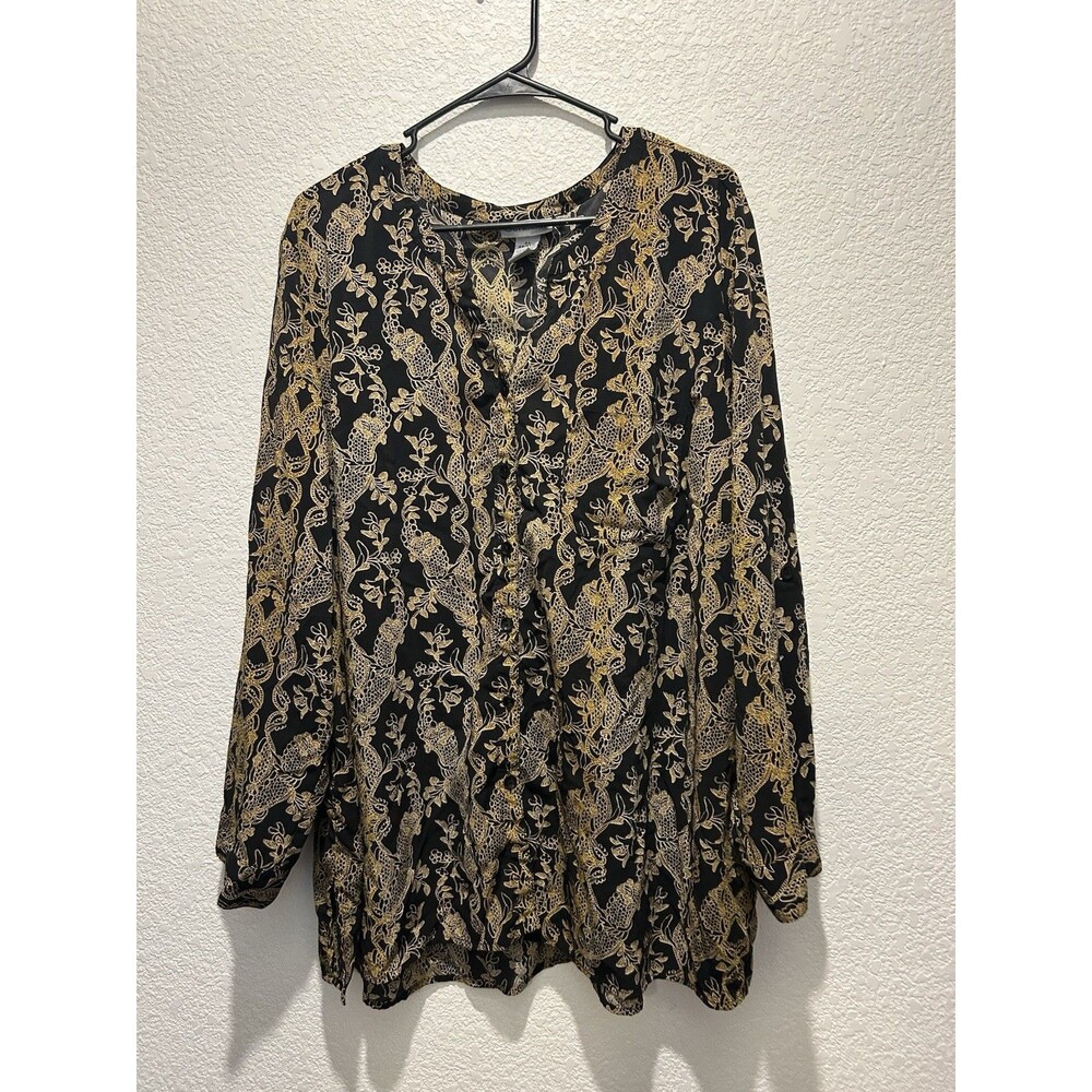 CATHERINES Blouse Plus 2X Black Golden Floral Print Button Up Long Sleeve Top